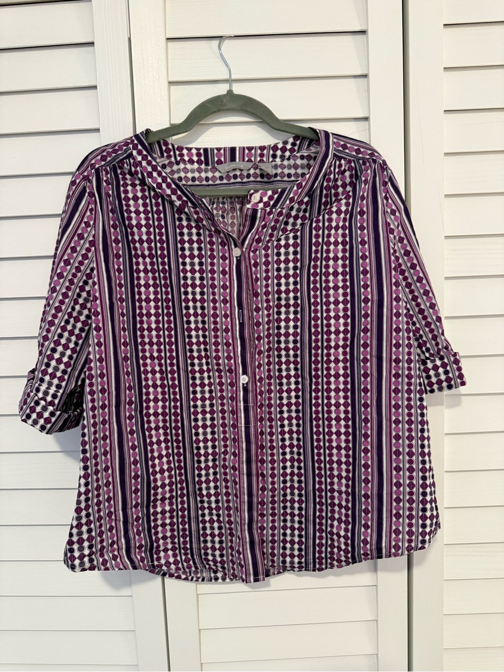 Liz Claiborne Purple Striped & Geometric Button-Down Blouse, 100% Cotton, Office